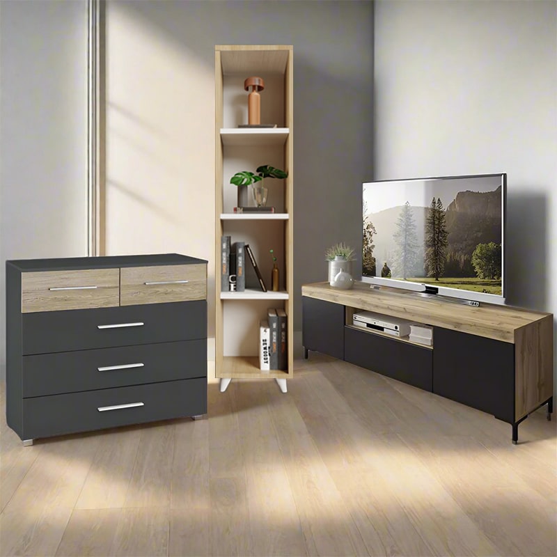 ავეჯის სამეული (ტელევიზორის მაგიდა, კომოდი და წიგნების თარო) Nuvo SET IS0199IS0163IS0006